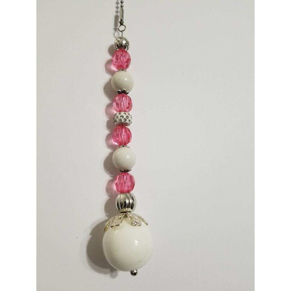 New ceiling fan/ light chain pull silver tone white and pink beads f9